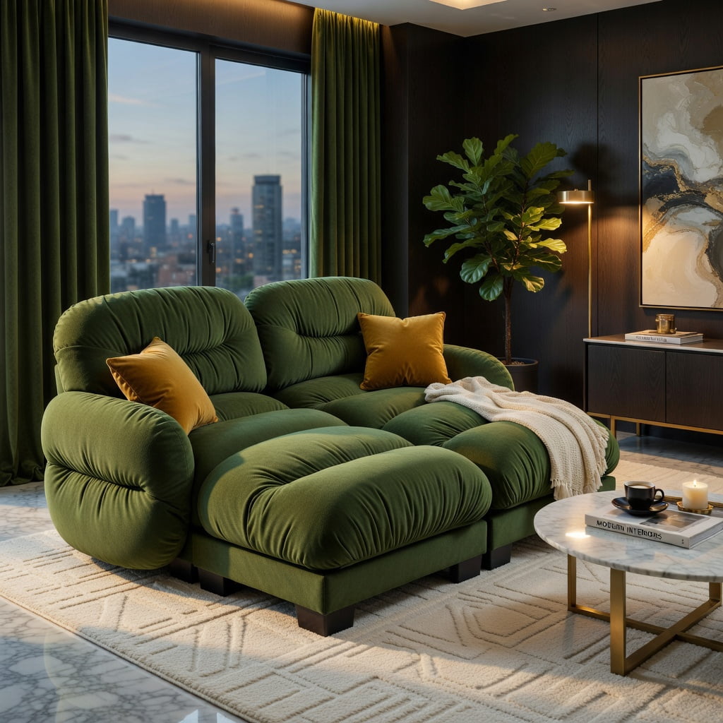 Hommoo Chenille 2-Seater L-Shaped Modular Sectional Sofa with Ergonomic Foam, Curved Armrests, 2 Ottomans & 2 Round Throw Pillows, Pleated Back Design, Green