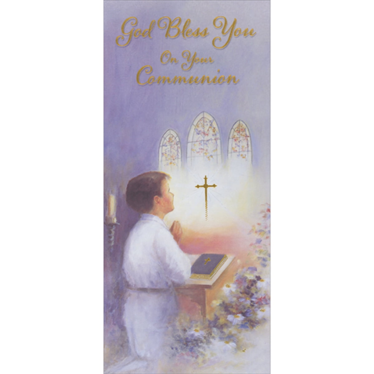 Designer Greetings Boy Praying at Alter Under Stainded Glass Windows Watercolor Money Holder / Gift Card Holder First Communion Card for Boy
