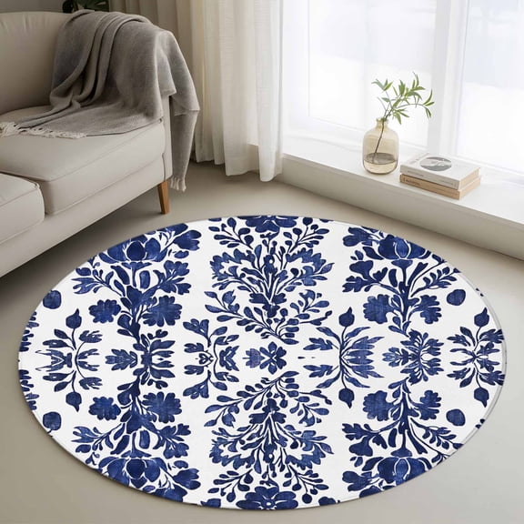 Blue Spring Floral Round Area Rug 4 FT, Non Slip Indoor Outdoor Rug, Summer Botanical Farmhouse Washable Soft Circular Carpet Non-Shedding Floor Mat for Coffee Table Nursery Foyer Balcony