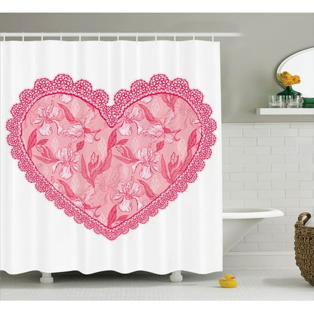 Heart Bathroom Accessories Love Decor Shower Curtain Set, Lace Heart With Floral Pattern Wedding Valentine Blossoms Leaves Classic, Bathroom Accessories, 69W X 70L Inches, By Ambesonne ()