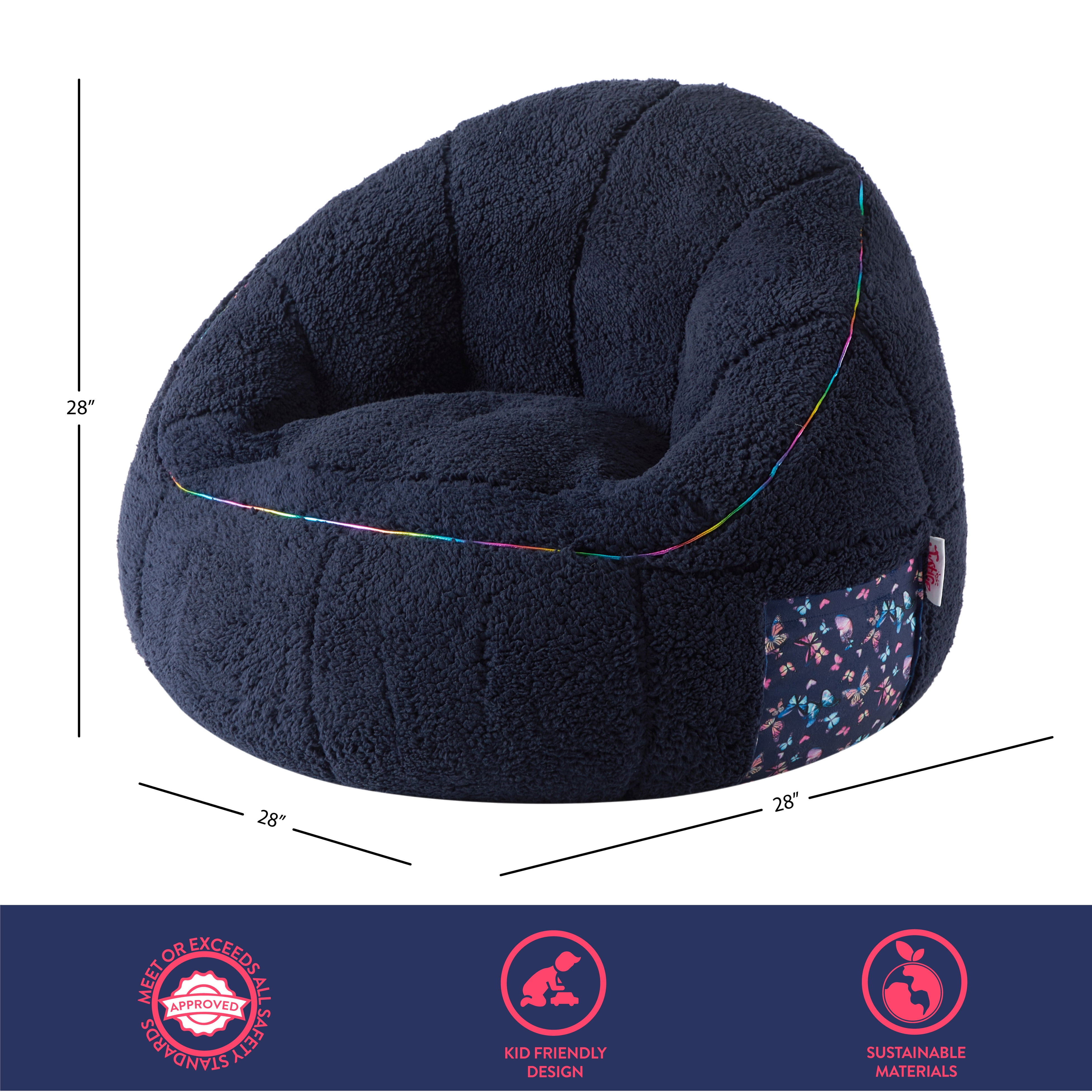 Room Revival, Kids' Super Soft Teddy Sherpa Bean Bag Chair with Pocket, Navy