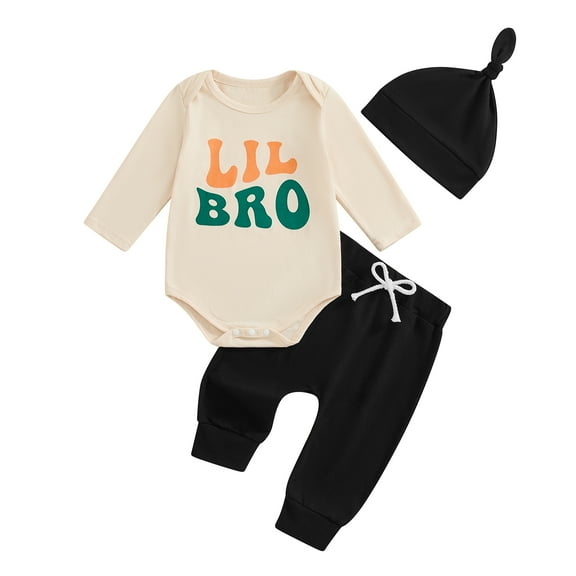Aojekbee Newborn Boy Outfits, Letter Print Long Sleeve Romper Elastic Waist Pants Hat 3 Piece Baby Boy Clothing Set