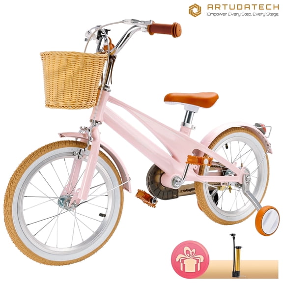 Girls Boys Bike for 4-9 Years Old Toddlers and Kids, 16 Inch Kids Bike with Training Wheels, Basket, Dual Brake, Retro Style Children Bicyle
