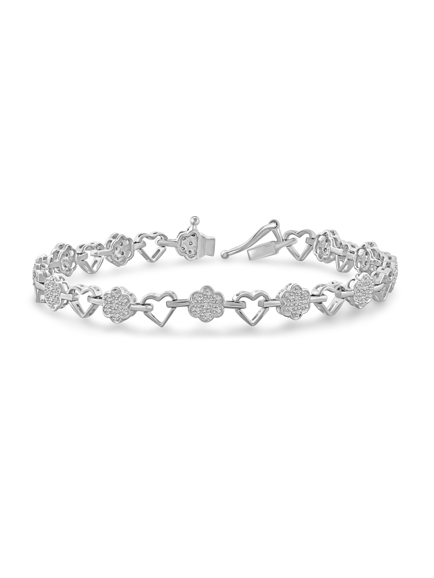 White Diamond Accent Sterling Silver Heart and Flower Bracelet, 7.25
