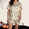 thumbnail image 5 of MEZZALL Women Halloween Printed Pajama Lapel Collar Short Sleeve Tops Cozy Home Loungewear Shorts For Fall Holidays Relaxed Fit 2 Piece Pjs, 5 of 7