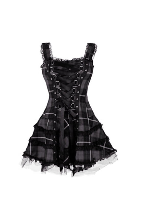 Women's 2023 Gothic Dress Gothic Clothes Punk Halloween Lace Net Sleeveless Strap Drawstring Goth Clothes for Women and Girl Punk Spaghetti Strap Dress, Black&M