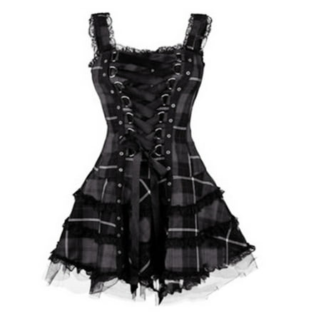 YanHoo Dresses for Women Date Night Plus Size Sleeveless Lace Up Corset Dresses Plaid Teen Girls Lace Trim Mini Dress for Cocktail Party