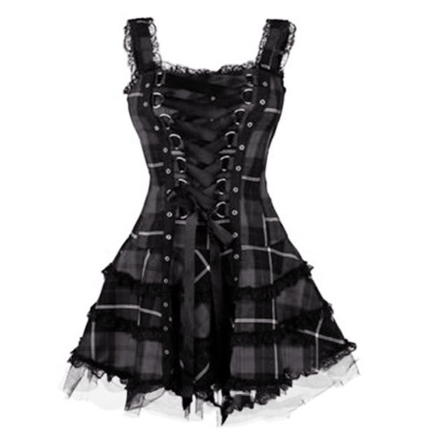 Robe Décontractée à Carreaux Sans Manches en Dentelle avec Bande en Maille