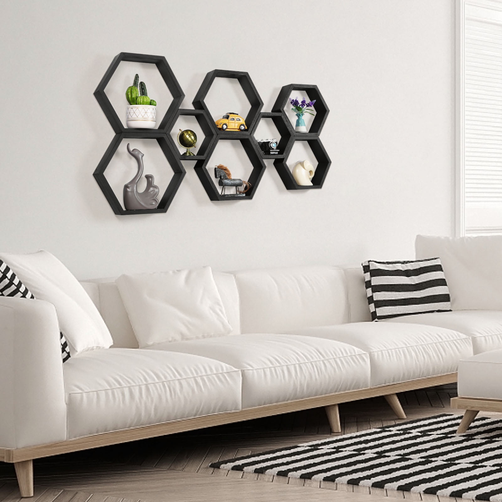 Hexagon Floating Shelves Set of 8 Honeycomb Shelves for Wall, Black