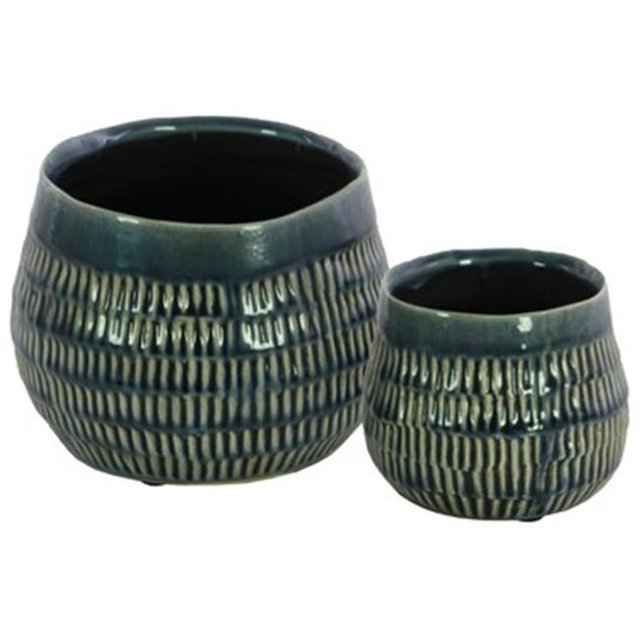 Collection Tendances Urbaines Vase Rond en Céramique 51612 avec Gaufrage&44; Bleu - Lot de 2