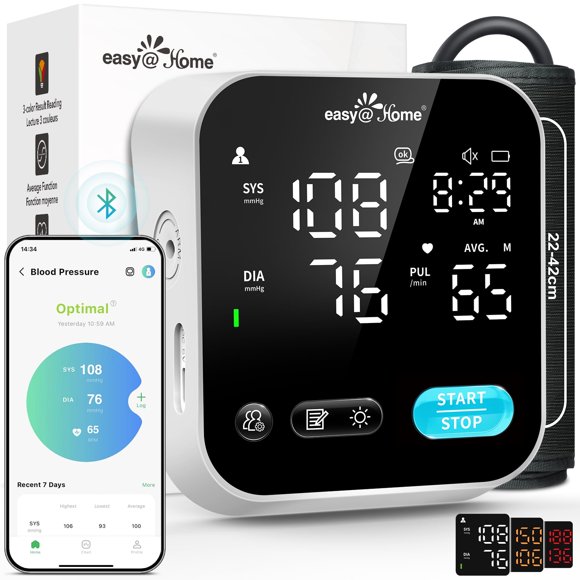 Easy@Home Smart Blood Pressure Monitor for Home Use, XL Arm Cuff, LED Display, Voice Function, MyHeartPal App, EBP-703T