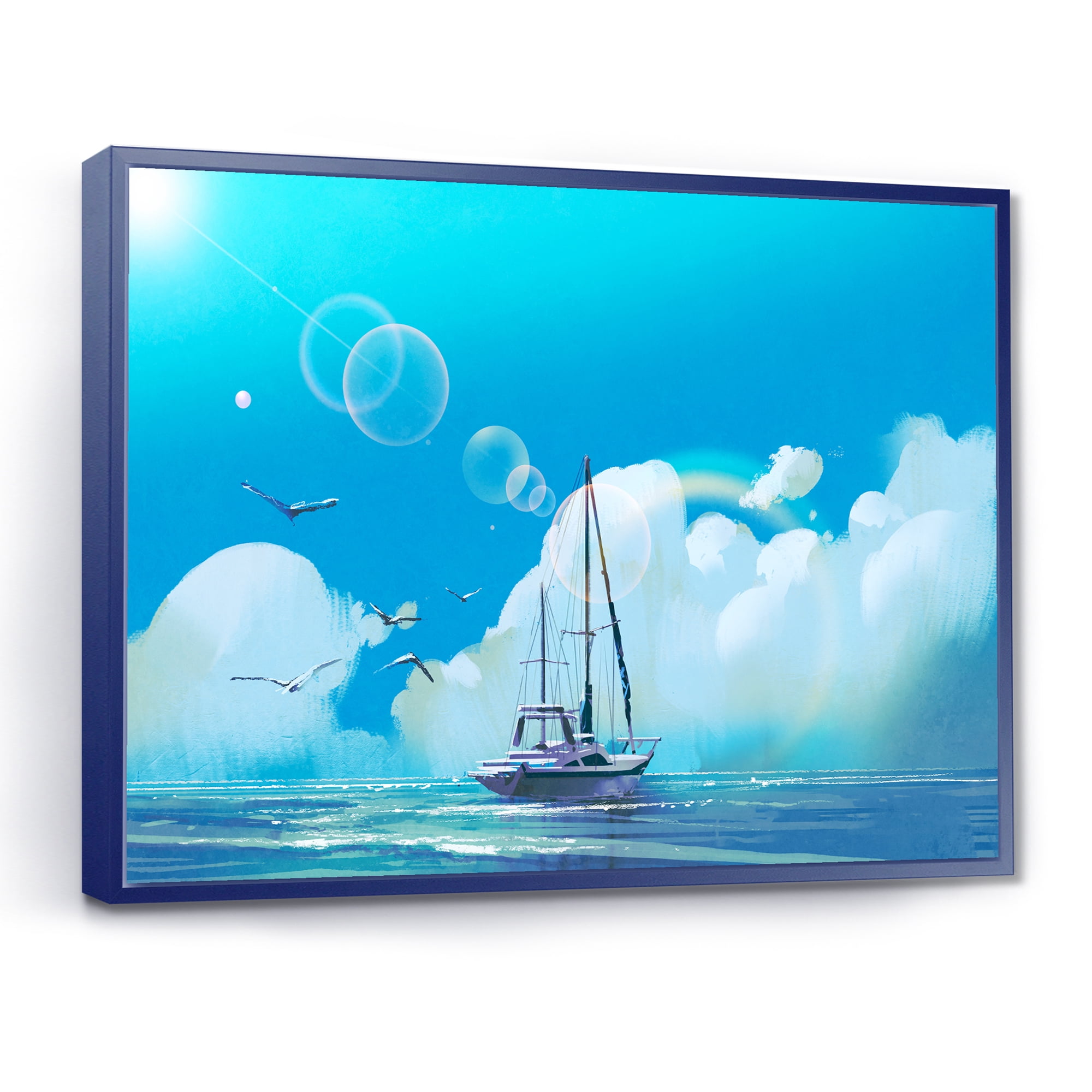 The Sailboat On The Blue Sea Against Summer Clouds Sky 20 in x 12 in Framed Painting Canvas Art Print, by Designart