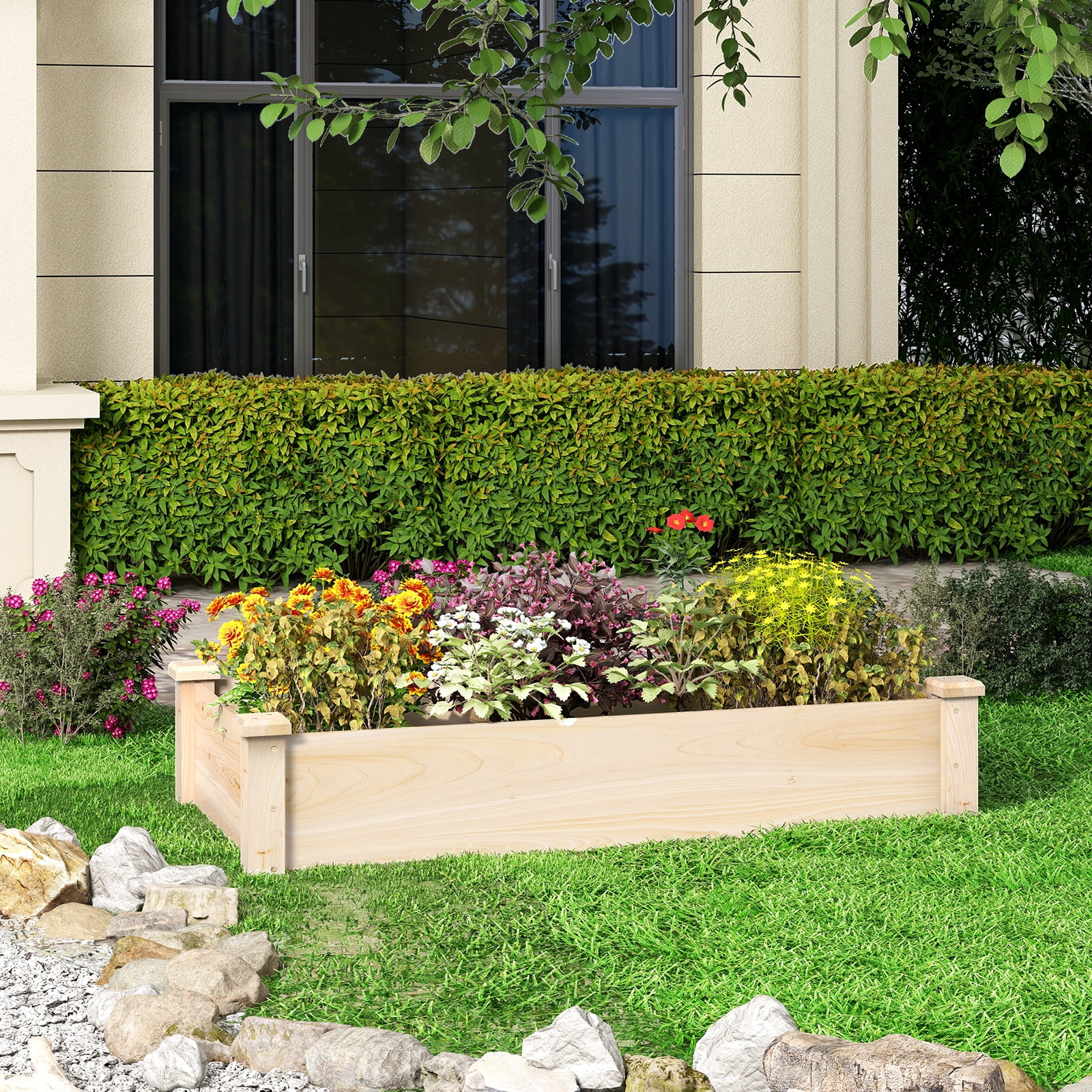 Topbuy Wooden Raised Garden Bed Rectangular Planter Box for Vegetables Fruits Flowers Herbs Outdoor Elevated Planting Bed for Garden