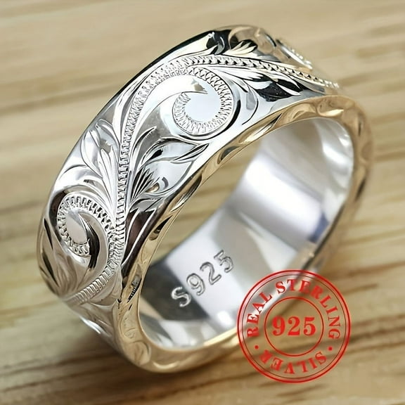 9g S925 Pure Silvery Ring with Carved Leaves and Flowers, Bohemian Style Wide Ring, Vintage Jewelry,【silvery】,10