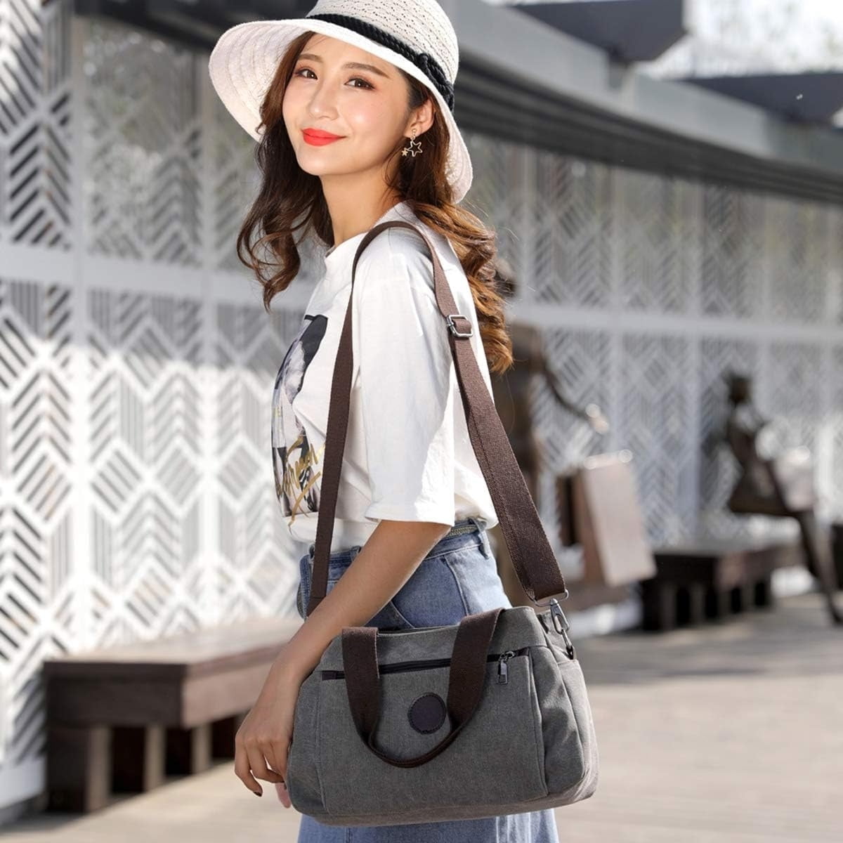 Omlopp Hobo Handbags Canvas Crossbody Bags for Women, Multi Compartment Tote Purse Medium Satchel-Gray - Medium