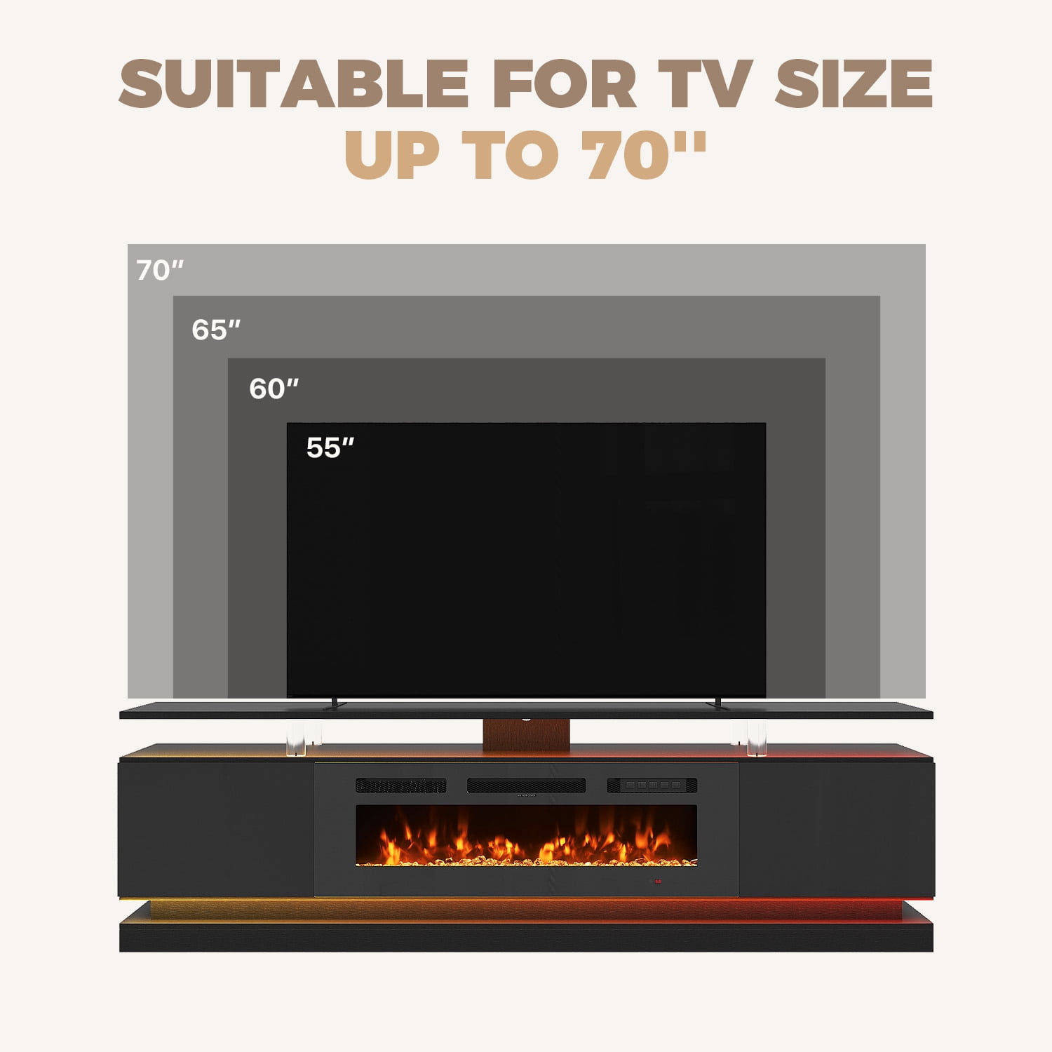 BaPiPro 70" Modern Electric Fireplace TV Stand up to 80" TVs - 36" Flame, Entertainment Center with Music Sync LED Lights & Storage Cabinets, Media Stand, Black