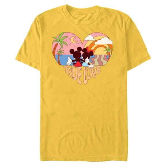Disney Mickey & Minnie True Love Beach Sunset Heart - Short Sleeve Blended T-Shirt for Adults - Customized-Yellow