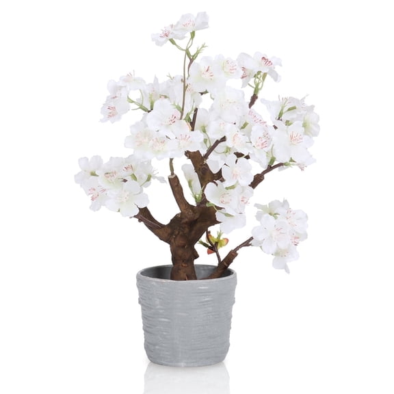 Small Artificial White Cherry Blossom Bonsai Tree Decor 12.6'' Tall Faux Cherry Blossom Flowers Tree Potted Desk Display with Pot Decorative Artificial Flowers Realistic Wood for Home Office Decor