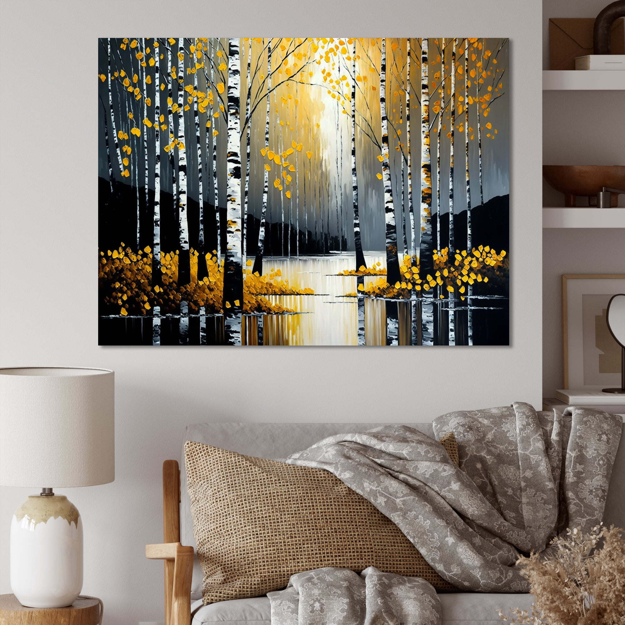Designart Monochrome Golden Birch Trees By The River V Canvas Wall Art