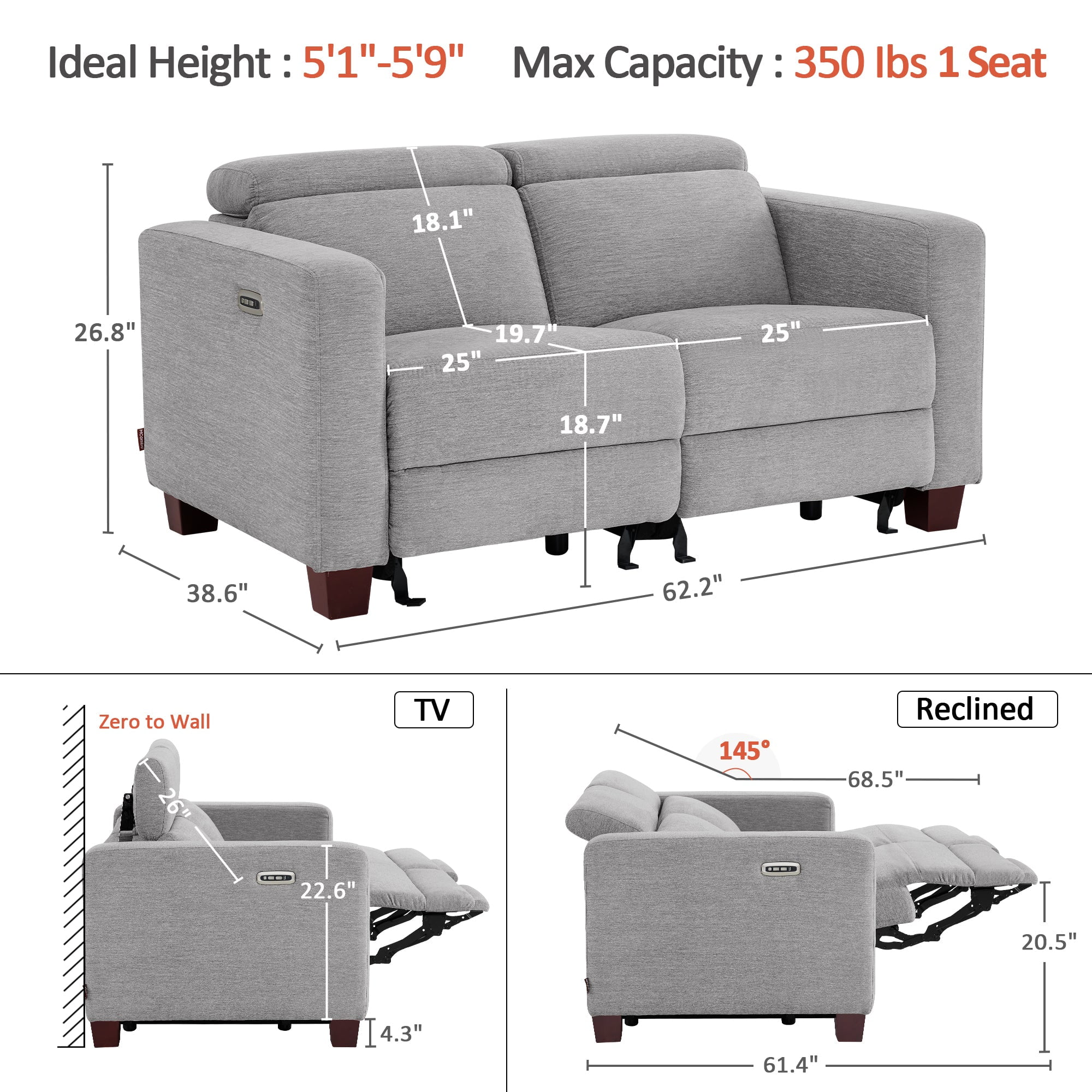 MCombo 62.2'' Wall Hugger Power Loveseat Recliner Sofa for Living Room, Office, Fabric, Grey