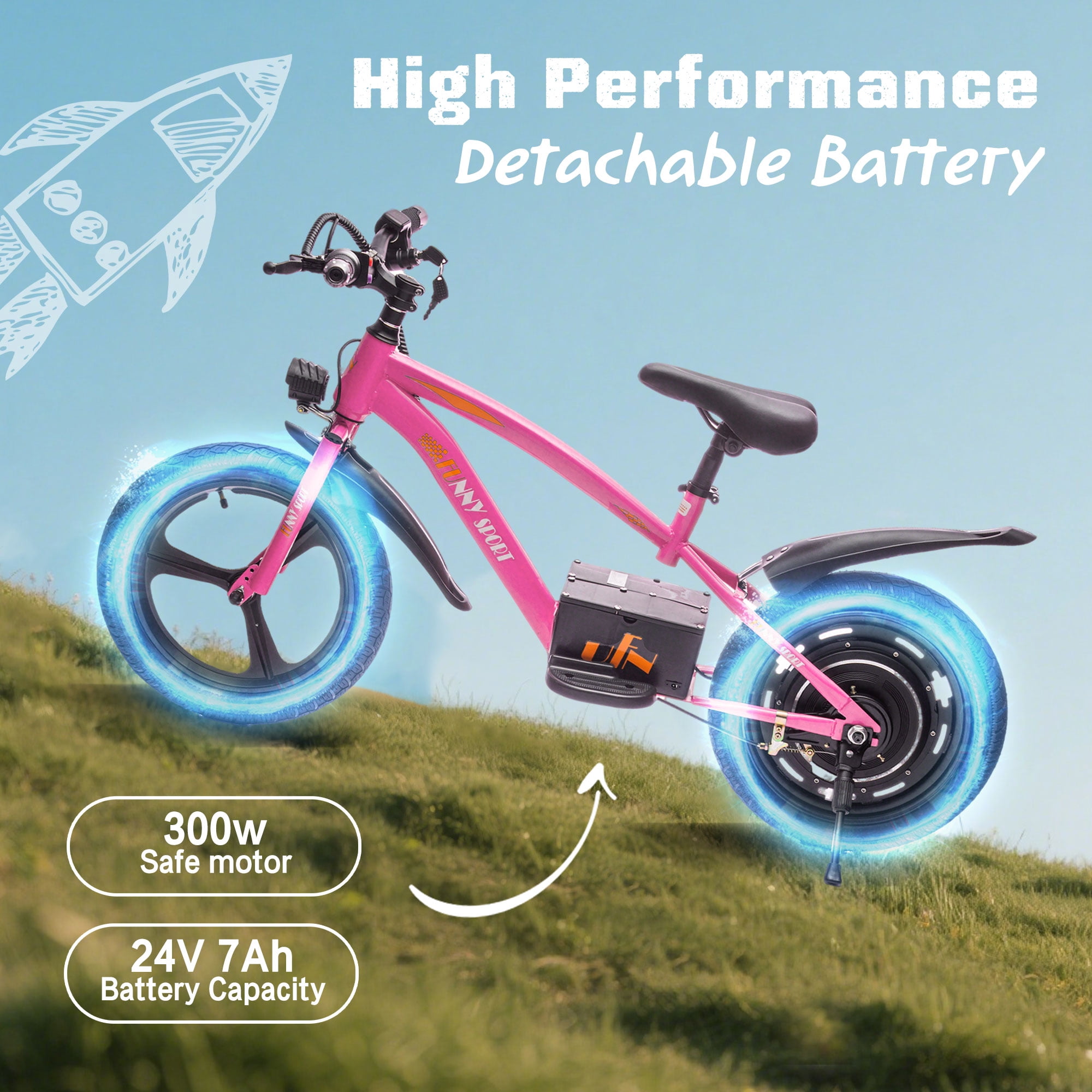 Track Seven 24V Kids Electric Dirt Bike, Ride on Mini Bike, 300W Super Power Motor, Up to 12.43 MPH, 16" Wheels, Adjustable Seat Height, Bright Headlight, Hand-Operated Brakes for Ages 5+, Pink