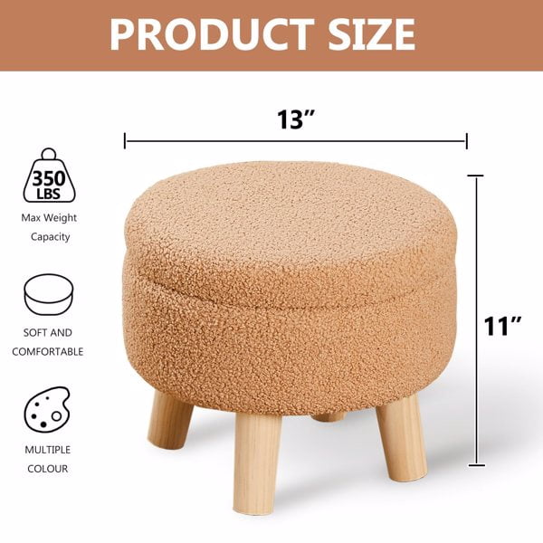 Storage Ottoman, Modern Round Footrest with Soft Padded Seat, Teddy Velvet Footstool with Wood Legs, Accent Small Table or Plant Stand for Hallway, Living Room (Champagne)