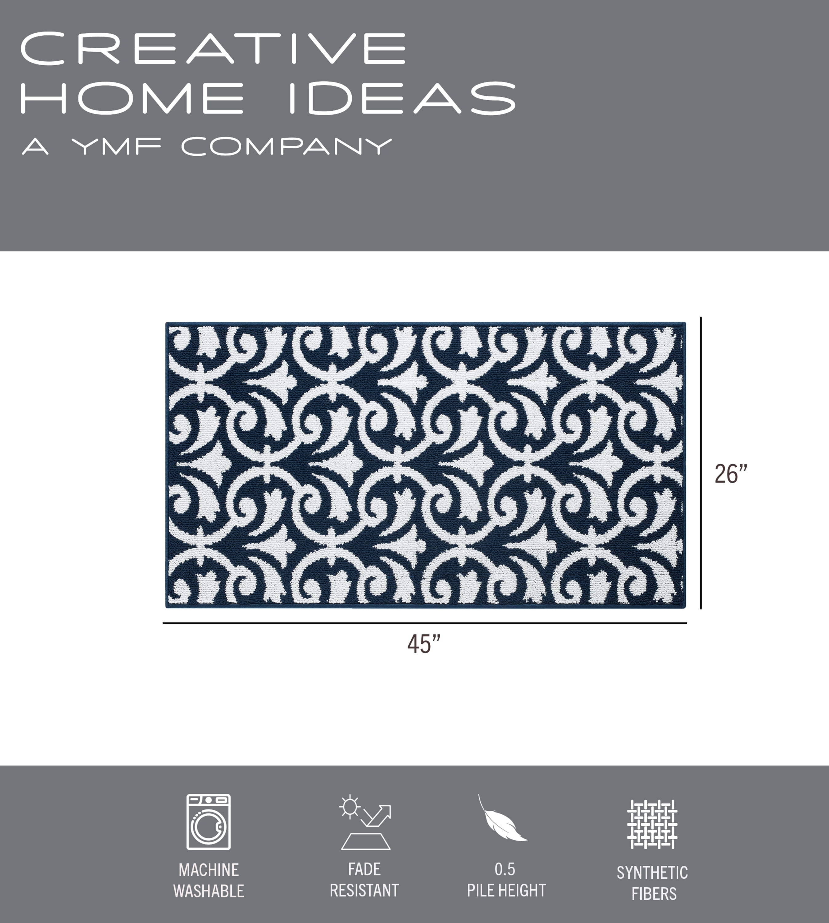 Washable Non-Slip Accent Rug, Geometric, Navy and White, 26" x 45"
