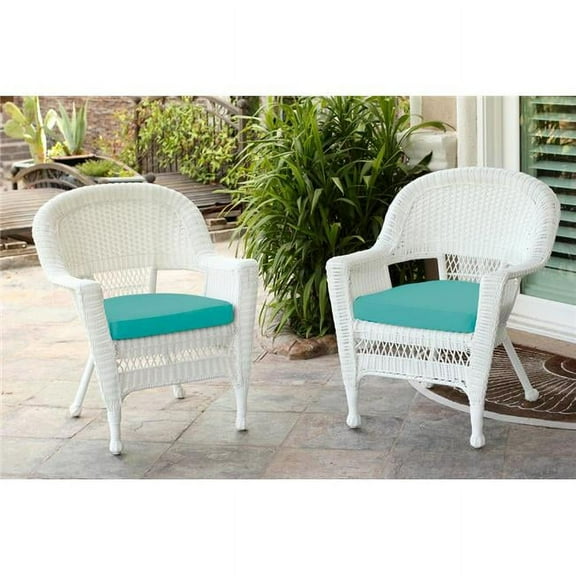 W00206-C-2-FS032-CS White Wicker Chair with Turquoise Cushion - Set of 2