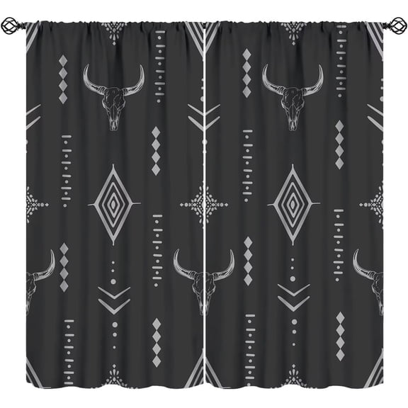 Western Blackout Curtains Bull Skull Boho Aesthetic Aztec Black Gray Modern Abstract Art Design Bedroom Living Room Rod Pocket Decoration Window Drapes 2 Panels W42xL54in