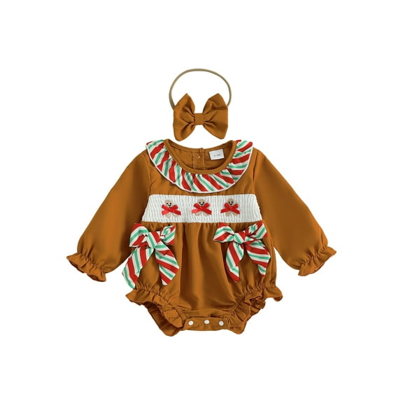 BemeyourBBs Baby Girl Romper Long Sleeve Gingerbread Embroidery Jumpsuit Headband