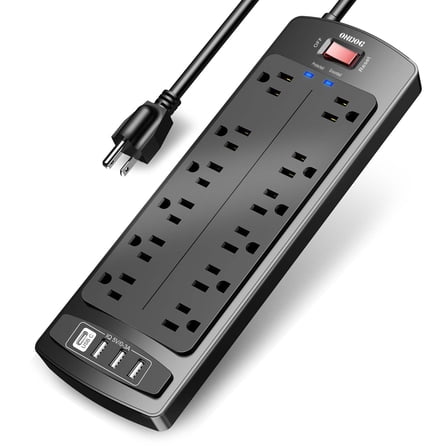 ONDOG Surge Protector with 12 Outlets and 4 USB Ports, 6 ft Extension Cord (1875W/15A), 2700J Power Strip, Black (PS923)