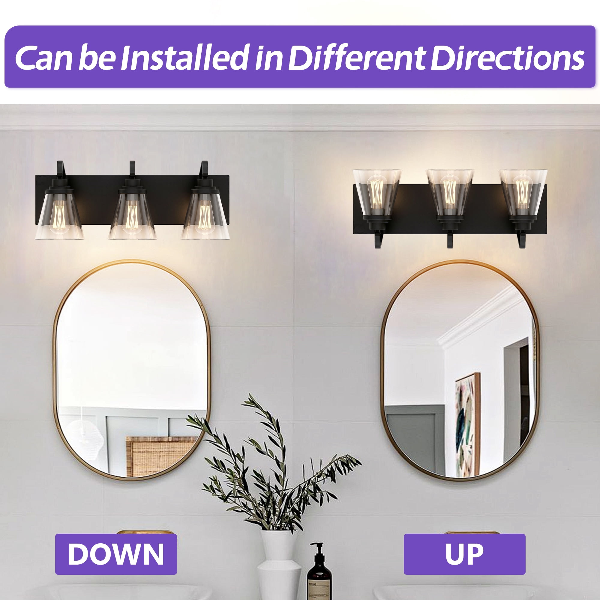 GCGAFUL 21.4" 3-Light Bathroom Vanity Light, Modern Black Vanity Light Fixtures Over Mirror with Clear Glass, Farmhouse Makeup Light for Salon Decor