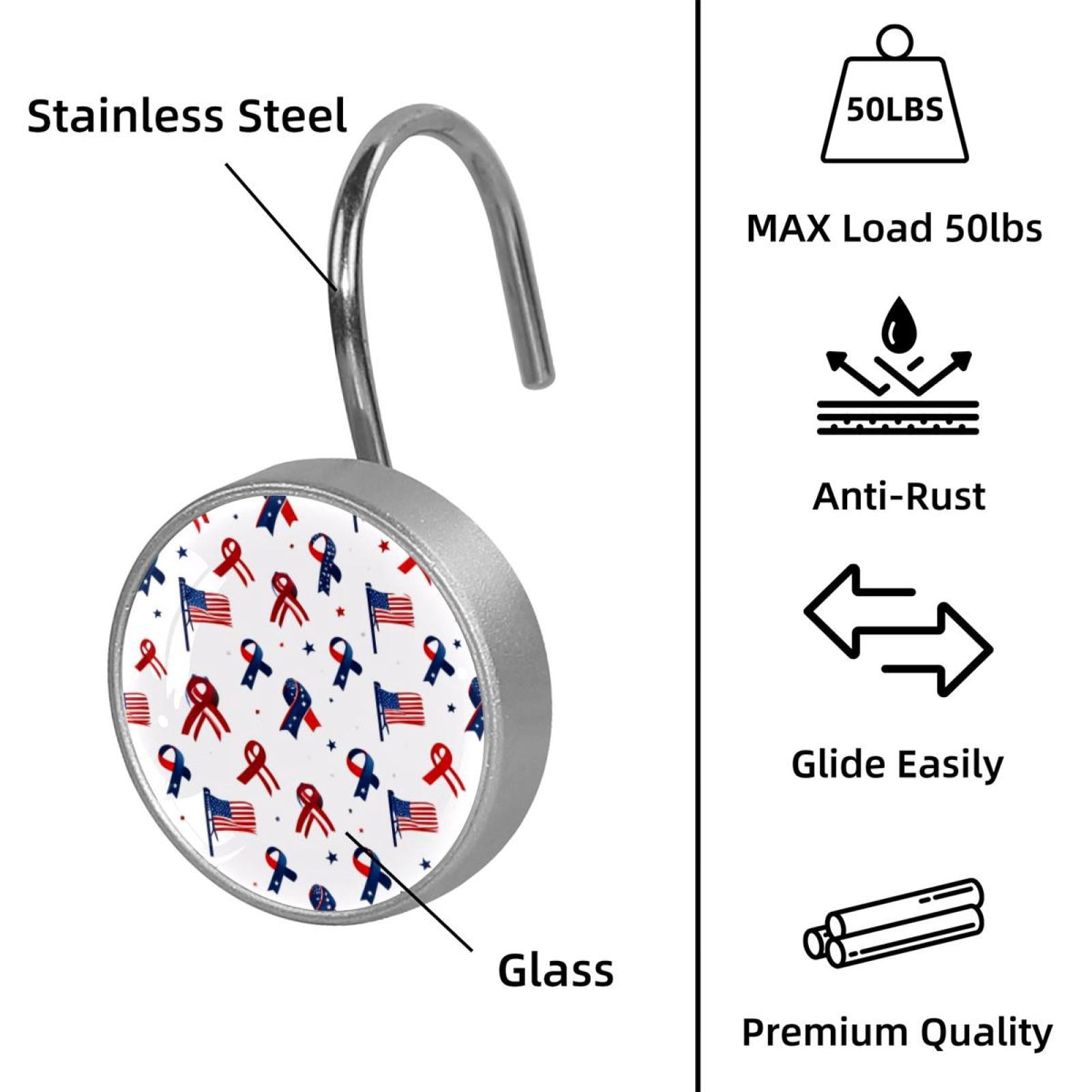 12pcs Decorative Shower Curtain Hooks, Rust Resistant Shower Rings for Bathroom Living Room,Rustproof Stainless Steel Rings for Shower Curtain and Liner Rods,4th of July Bows Flags