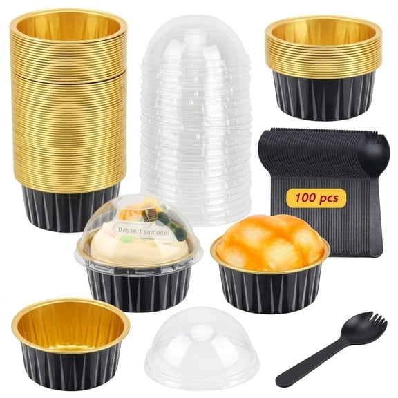 100-Pack 5oz Mini Aluminum Baking Cups with Lids & Spoons — Disposable Foil Muffin Tins for Cupcakes, Custard & Creme Brulee