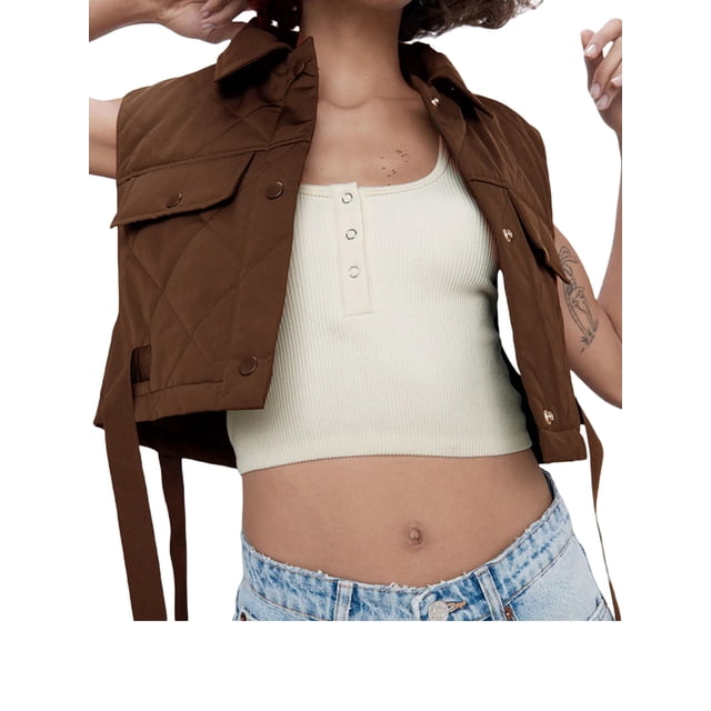 VISgogo Chaleco con cuello vuelto para mujer, tops cortos sin mangas de color liso con botones, verde militar/negro/marrón/rojo vino VISgogo moda