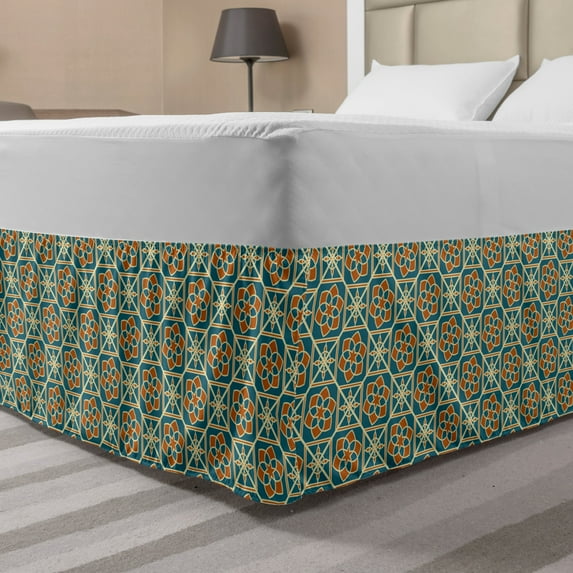 Orient Bed Skirt, Style Flower Arrangement Daffodils Old Framework Print, Elastic Bedskirt Dust Ruffle Wrap Around for Bedding Decor, 4 Sizes, Teal Orange, by Ambesonne