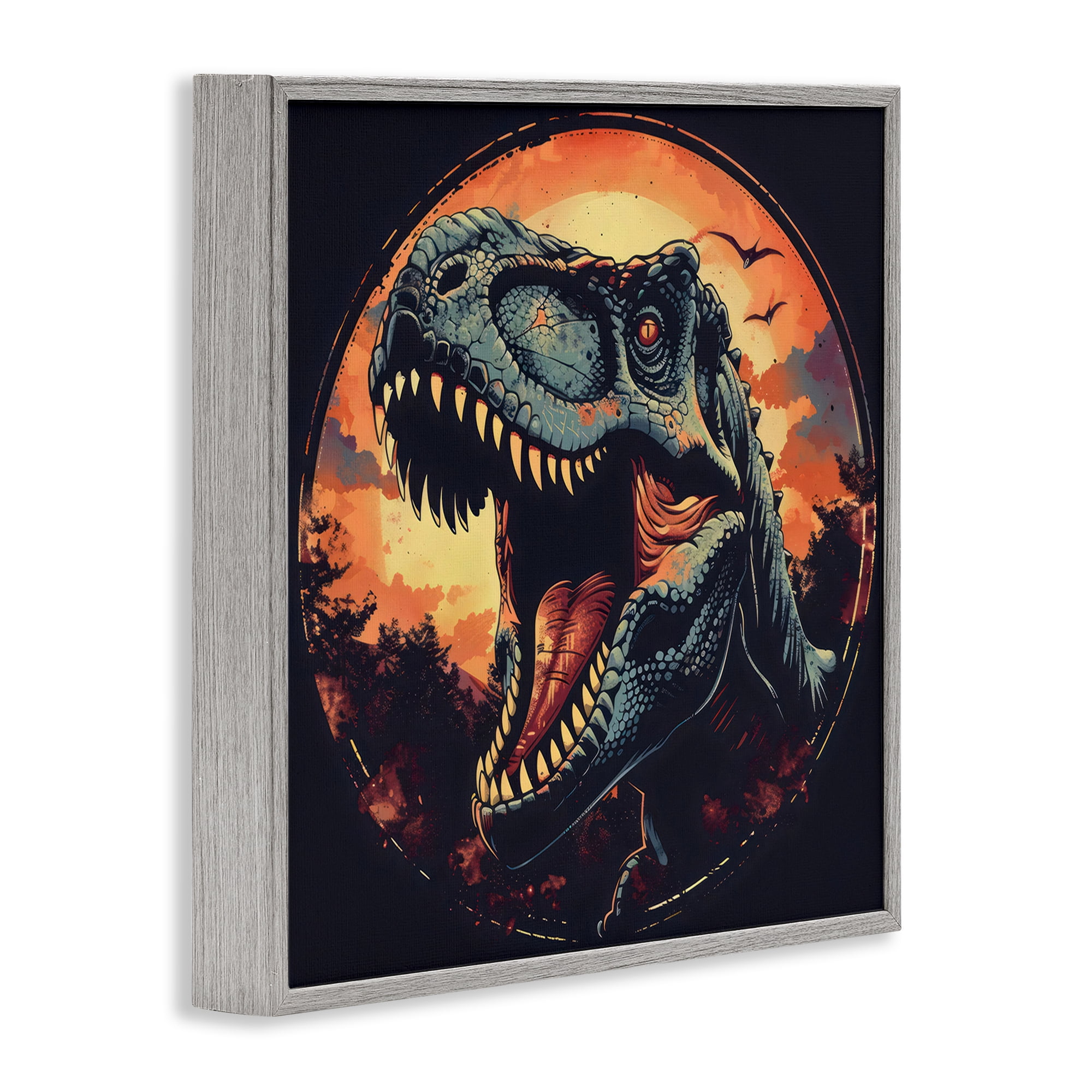 Stupell Industries Ancient Dino Roaring at Sunset Gray Framed Giclee Art, design by Creative Studio