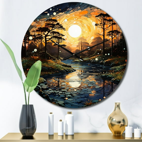Designart "River Pointillism beauty At Night IV" Pointillism Oversized Wall Clock