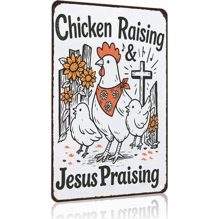 Funny Chicken Sign Chicken Raising Jesus Praising Vintage Tin Sign for Home Farm Chicken-Coop Kitchen Garden Yard Decor 8X12 Inch (3938)