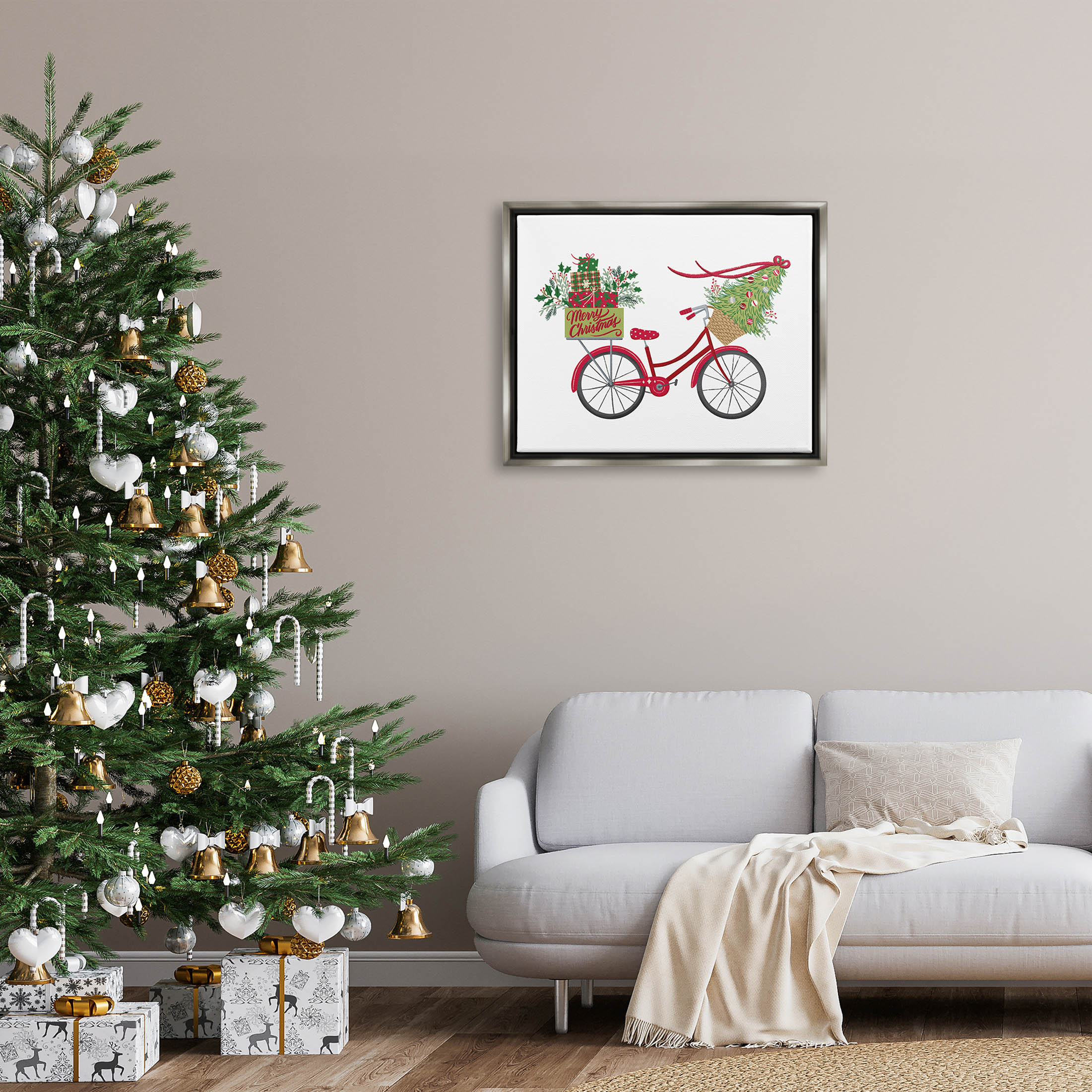 Stupell Industries Merry Christmas Seasonal Bicycle Graphic Art Luster Gray Floating Framed Canvas Print Wall Art, Design by Amanda McGee