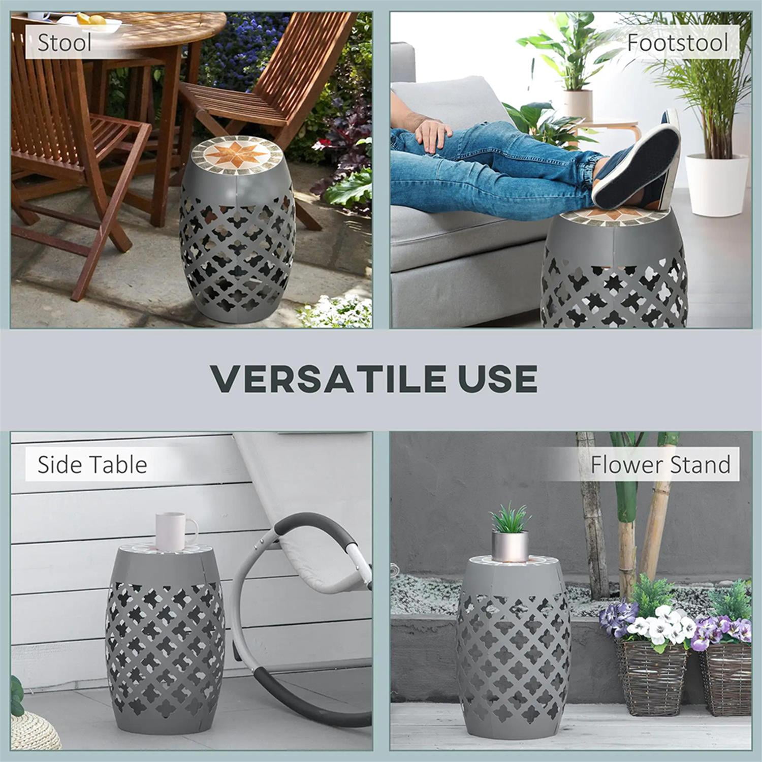 Demi Bonn 12" Patio Round Side Table, Outdoor Footstool Plant Stand, Garden Mosaic Decorative End Table for Backyard, Lawn, Balcony, Porch, Gray