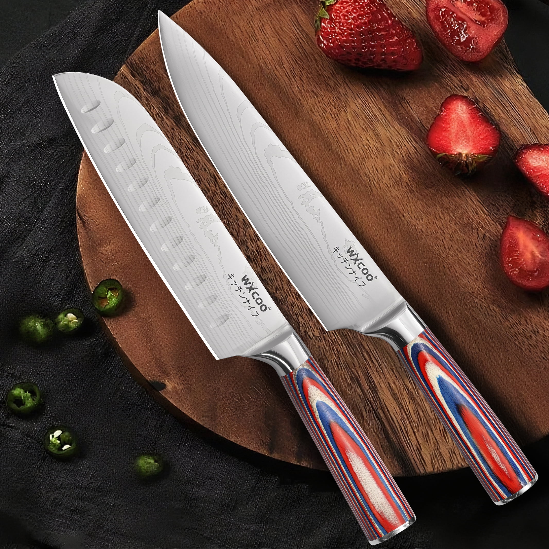 WXCOO Laser Damascus Pattern Kitchen Knife Set 2PCS Santoku Japanese Slicer Chef Knives High Wood Handle for Kitchen with Box