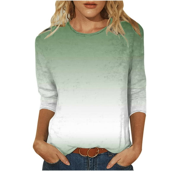 Uaswgudfs Tees for Women Trendy Fashion Round-Neck 3/4 Sleeves T Shirt Gradient Color Casual Loose Cotton imitation Basic Tops