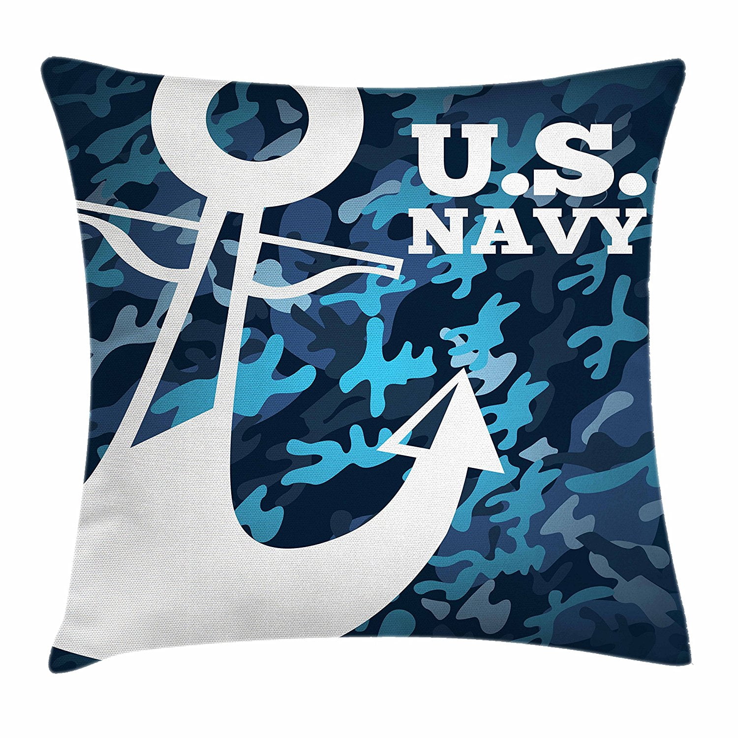 US Navy Throw Pillow Cushion Cover by , Military Design with Camouflage Style Blue Toned