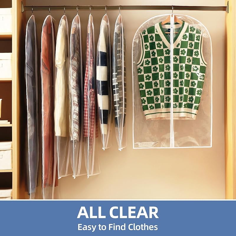 60inch (Approx. 152.4cm ) Garment Bags, Pack of 12 Transparent Clothing Bags for Hanging Clothes, Plastic Waterproof Garment Covers with Zipper, Suitable for Dresses, Coats, Uniforms (12-Piece Set)