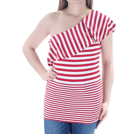INC Womens Red Ruffled Striped Sleeveless Asymetrical Neckline Party Top Size: M