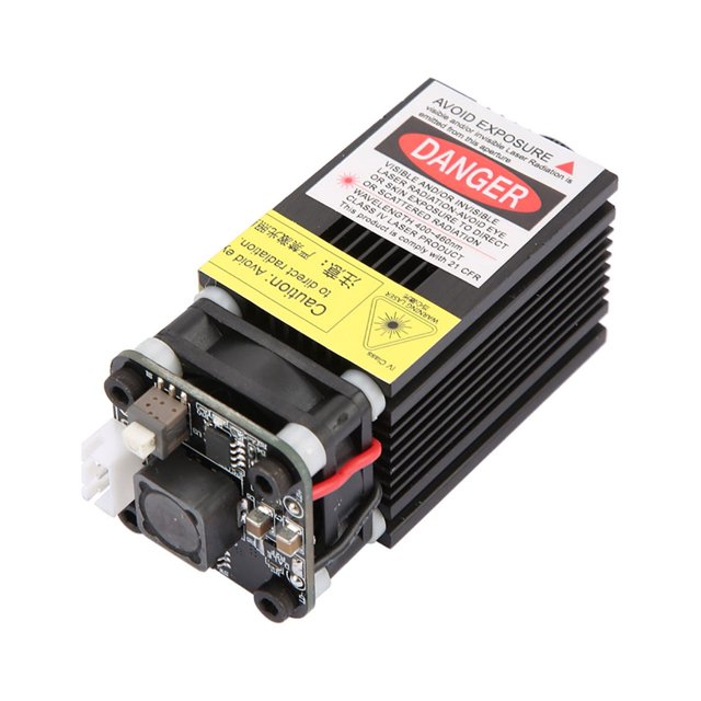 módulo láser 500 mw azul anggrek grabado cortador cnc diy módulo láser 405 nm 500 mW con carcasa de aluminio anodizado negro y disipador de aletas, placa controladora y conectores visibles, lente de colimación de vidrio en el frente y etiqueta de advertencia DANGER; suele usarse en equipos de grabado y corte CNC y a menudo elegido para pruebas de marcado en taller.
