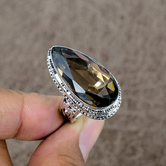 925 Sterling Silver Smoky Topaz Genstone Handmade Jewelry Ring Size 8