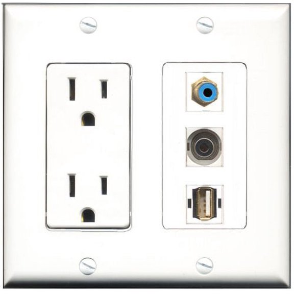 RiteAV - 15 Amp Power Outlet 1 Port RCA Blue 1 Port USB A-A 1 Port 3.5mm Decorative Wall Plate