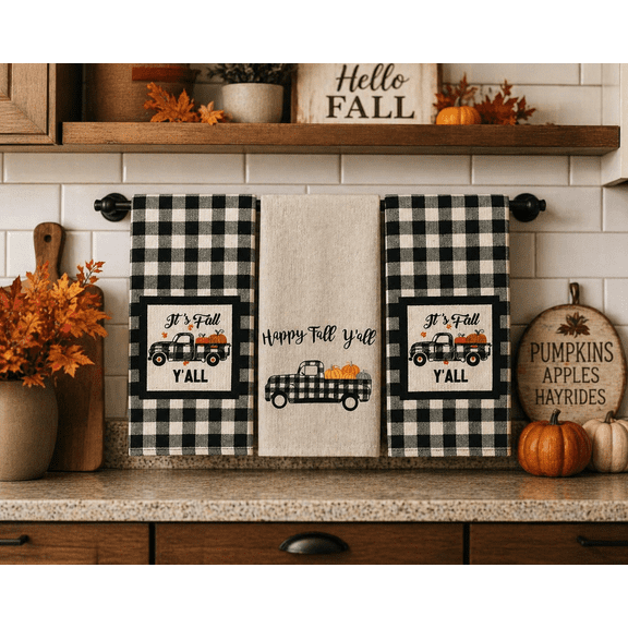 Serafina Home Farmhouse Black Beige Check Kitchen Towels: Country Pumpkin Truck Welcoming Fall, 2 Woven Faux Burlap Towels with 1 Matching Flat Weave, 100% Cotton